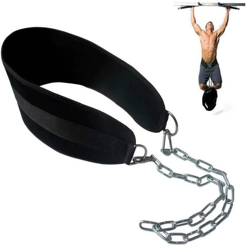 Pull-Up Belt Weighted Dip Belt with Chain Double D-Ring Weightlifting Back Support Strap Home Gym Equipment Waist Belt