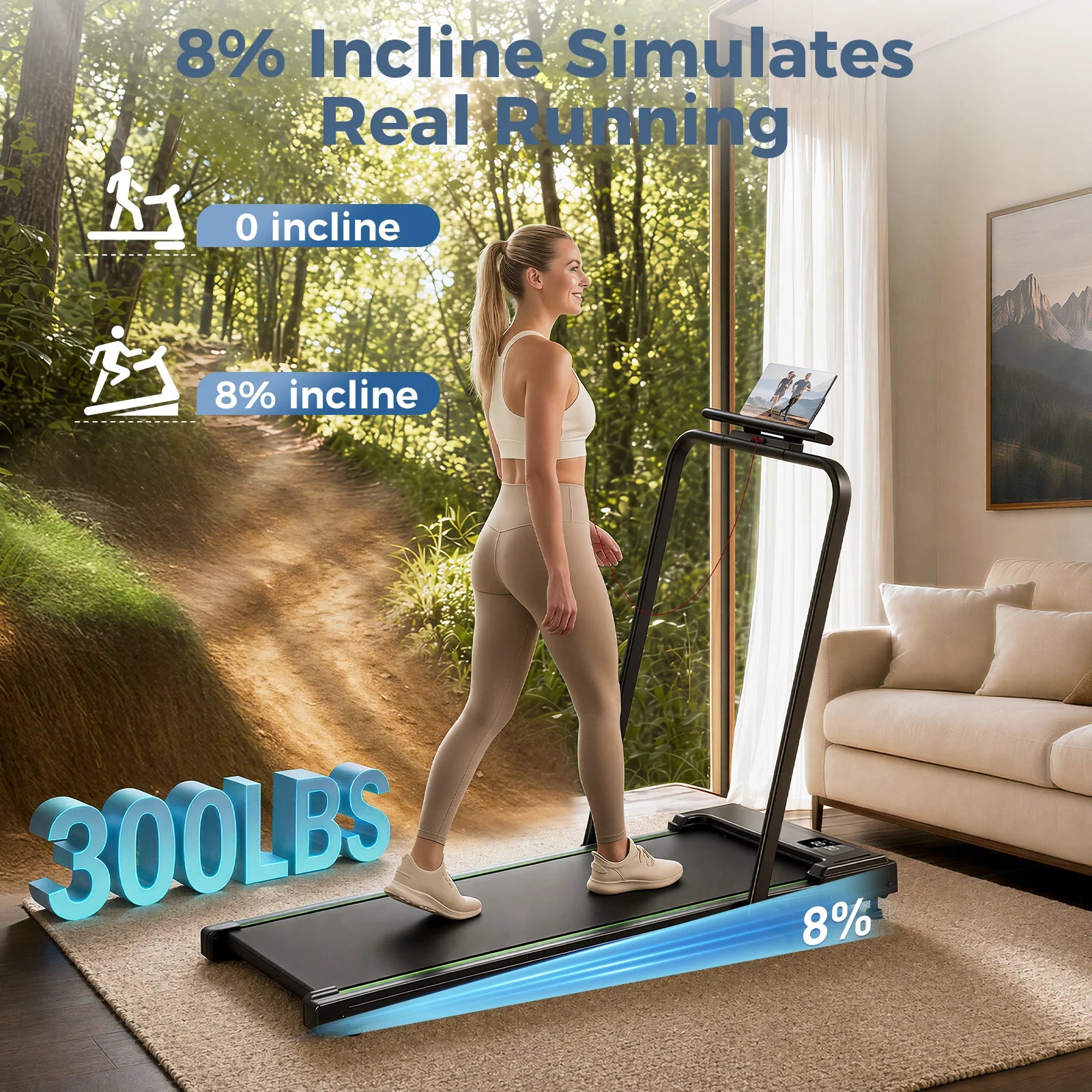 Treadmill 2 in 1 for Home/Office, 300 Lbs Walking Pad Treadmill with Handlebar,Under Desk Treadmill,Led Display & Remote Control